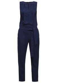 Combinaison bleu marine sans manches, à coupe droite, avec une taille ceinturée et une fermeture éclair au dos. Tissu lisse sans motifs.