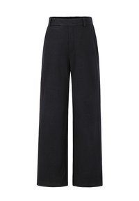 Zwarte high-waist wijde broek met riemlussen en zijzakken, zorgvuldig gemaakt met een strakke voorkant en een elastische tailleband aan de achterkant.