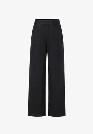Black high-waist wide-leg trousers with belt loops and side pockets, tailored with a clean front and elastic waistband at the back.