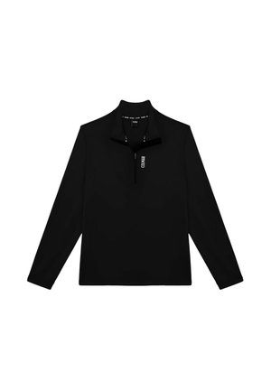 Maglione nero a maniche lunghe con zip fino al petto e testo bianco "Colmar" sul davanti e all'interno del colletto.