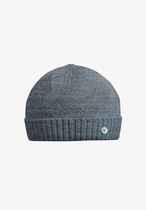 Grijze gebreide muts met een gestructureerd patroon en een geribde boord. Heeft een klein logo-accent aan de zijkant.
