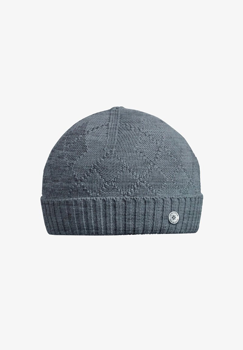 Berretto grigio lavorato a maglia con un motivo testurizzato e un risvolto a coste. Presenta un piccolo logo decorativo sul lato.