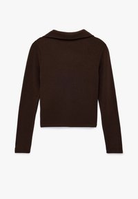 Brązowy krótki sweter z długimi rękawami i złożonym kołnierzem, wykonany z gładkiego materiału, o prostym wzorze i bez widocznych dekoracji.
