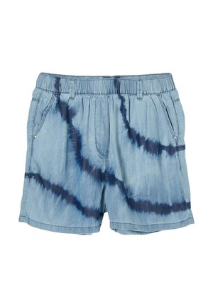 Hellblaue Jeansshorts mit elastischem Bund, Fronttaschen und dunkelblauen Batikstreifen auf dem Stoff.