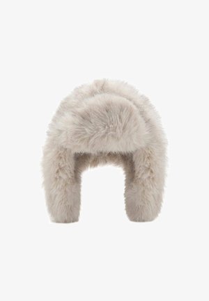 Světle šedá čepice z umělé kožešiny s kulatým designem. Měkká textura a silný materiál, nabízí plyšové pokrytí pro teplo. Vhodná do chladného počasí.