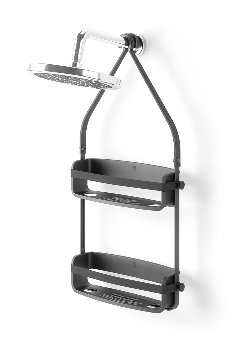 Duschkopf mit Chromoberfläche, montiert auf einem schwarzen Rahmen. Enthält zwei schwarze Ablageflächen mit Entwässerungsöffnungen, elegantes Design und sichere Befestigungen.