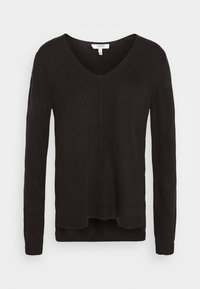 Maglione nero a maniche lunghe con scollatura a V, polsini a costine e un orlo posteriore leggermente più lungo; realizzato in un tessuto a maglia testurizzato.