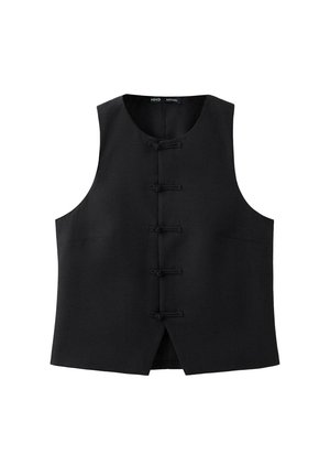 Chaleco negro sin mangas con cuello redondo y cinco botones tradicionales en nudo al frente, hecho de tela lisa.