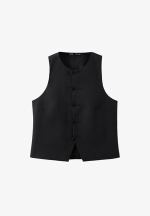 Czarna kamizelka bez rękawów z okrągłym dekoltem i pięcioma tradycyjnymi guzikami-knotami z przodu, wykonana z gładkiej tkaniny.