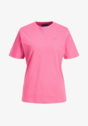 Roze katoenen t-shirt met korte mouwen, ronde halslijn en subtiele logodetail aan de voorkant. Gladde textuur en ontspannen pasvorm.