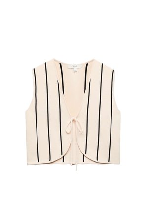 Ærmeløs cremefarvet vest med sorte lodrette striber, dyb V-hals og bindelukning foran, lavet af M&S.