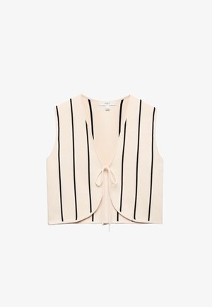 Ærmeløs cremefarvet vest med sorte lodrette striber, dyb V-hals og bindelukning foran, lavet af M&S.