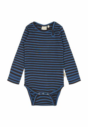 Bodysuit à manches longues avec des rayures horizontales bleues et noires. Présente une texture côtelée et des fermetures à pression en bas pour un habillage facile.