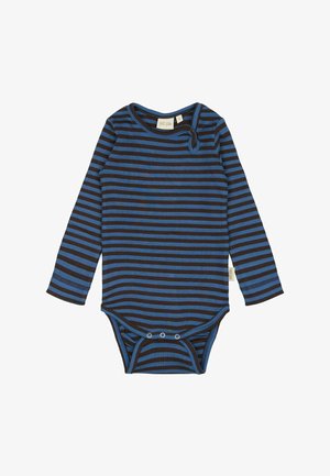 Body a maniche lunghe con strisce orizzontali blu e nere. Presenta una texture a coste e chiusure a pressione sul fondo per una facile vestibilità.