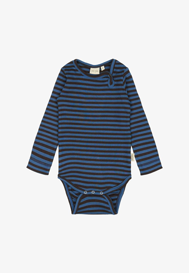 Bodysuit dugih rukava s plavim i crnim horizontalnim prugama. Ima rebrastu teksturu i kopčanje na dnu za jednostavno oblačenje.