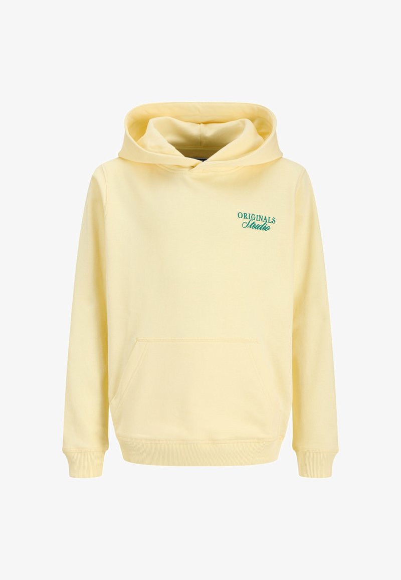Sweat à capuche jaune clair avec poche frontale et texte vert "Originals Studio" sur le haut à gauche de la poitrine.