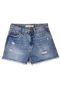 Denim shorts in light blue with a frayed hem, featuring distressed accents, five-pocket design, and a button and zipper closure.