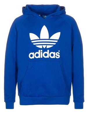 Sweat à capuche Adidas bleu avec poche kangourou à l'avant et grand logo Trefoil blanc avec texte sur la poitrine.