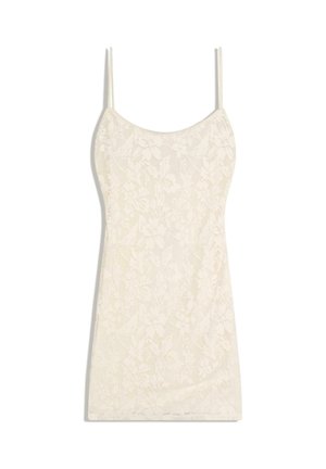 Cremefarvet blonde ærmeløs minikjole med tynde stropper og blomsterprint, figursyet.