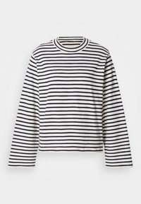 Top cropped de algodão branco com riscas horizontais pretas. Tem um decote redondo e uma textura suave.