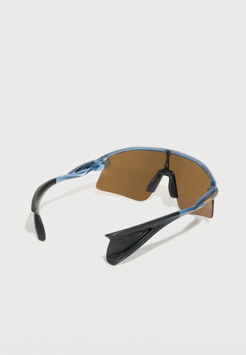 Lunettes de sport à monture bleue avec verres enveloppants marron et plaquettes de nez noires ajustables sur fond blanc.