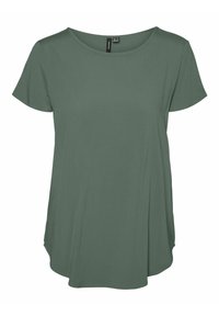 Camiseta de manga corta verde oliva con cuello redondo, corte holgado y dobladillo ligeramente curvado. Fabricada con una tela suave y lisa.