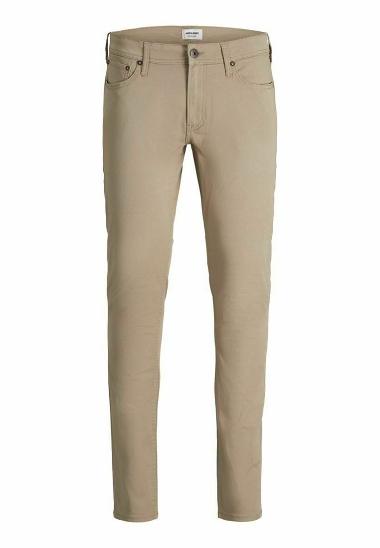 Pantalones de algodón beige con corte slim, cinco bolsillos, cierre de botón y detalles de costura mínimos. Textura lisa con un diseño clásico.
