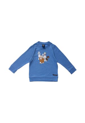 Sudadera azul de manga larga con ilustraciones de cuatro diferentes razas de perros en el frente y una etiqueta negra de la marca cerca del dobladillo.