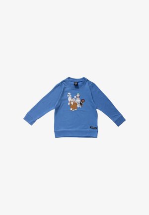 Blauwe sweatshirt met lange mouwen met illustraties van vier verschillende hondenrassen op de voorkant en een zwart merkembleem nabij de zoom.