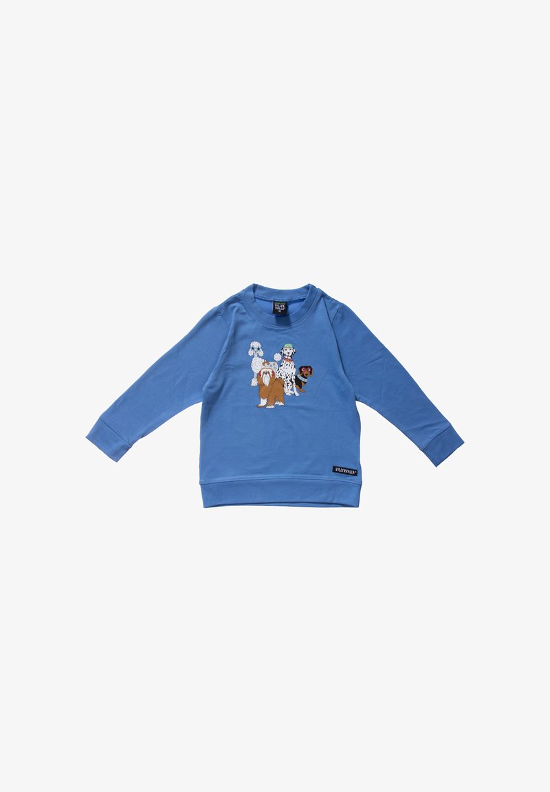 Sweat-shirt bleu à manches longues avec des illustrations de quatre races de chiens différentes sur le devant et une étiquette de marque noire près de l'ourlet.