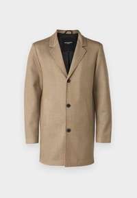 Beige uldblandet frakke med en hørfisketextur, en krave med hak, enkelt knaplukning, to sidelommer og et glat indre foder.