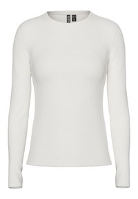 Pitkähihaisen paidan valkoinen resorikangas, jossa pyöreä kaula-aukko ja istuva malli. Sileä pinta ilman näkyviä kuvioita tai yksityiskohtia.