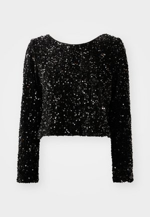 Top lungo a maniche corte nero, corto, realizzato in tessuto di paillettes, con scollo rotondo e superficie texturizzata di paillettes scintillanti.