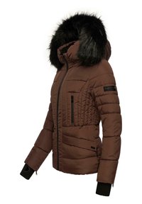 Brown puffer jacket featuring a detachable black faux fur hood, zippered front pockets, and ribbed knit cuffs with a textured design.