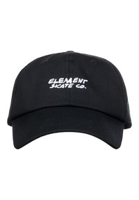 Gorra de algodón negra con visera curvada y logo bordado en blanco "ELEMENT SKATE CO." en la parte frontal. Diseño simple y estructurado.