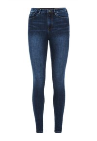 Slim jeans i mörkblå denim, med en klassisk femfickorsdesign, synliga sömmar och knappstängning fram.