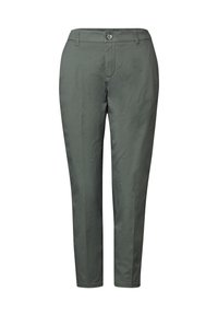 Grüne taillierte Hose aus leichtem Stoff, mit flachem Bund, Reißverschluss und Knopfverschluss. Gerade Beine mit glatter Textur.