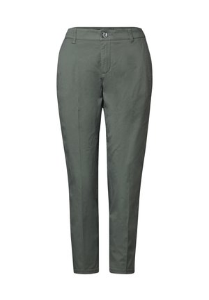 Grüne taillierte Hose aus leichtem Stoff, mit flachem Bund, Reißverschluss und Knopfverschluss. Gerade Beine mit glatter Textur.