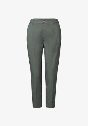 Groene op maat gemaakte broek van lichtgewicht stof, met een platte voorkant, rits en knoopsluiting. Rechte pijpen met een gladde textuur.