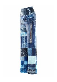 Denim wide-leg pants with a patchwork design in various blue tones, featuring frayed edges and textured fabric throughout.