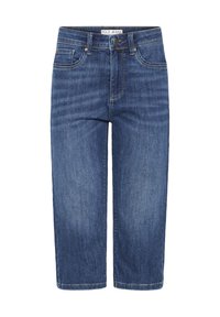 Blaue, verkürzte Jeans mit geradem Bein, vorne mit Taschen, Gürtelschlaufen, Knopf, Reißverschluss und "PULZ JEANS"-Etikett am inneren Bund.