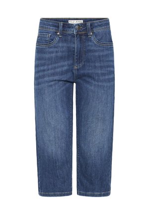 Sinised teksariidest lühendatud sirge säärega püksid esitaskutega, vööaasad, nööp, luku eest ning "PULZ JEANS" silt vöökohal sees.