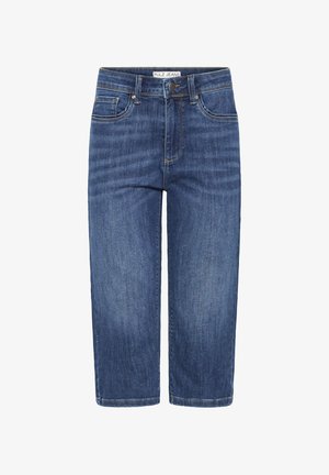 Sinised teksariidest lühendatud sirge säärega püksid esitaskutega, vööaasad, nööp, luku eest ning "PULZ JEANS" silt vöökohal sees.