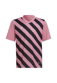 Jersey deportivo rosa con rayas diagonales negras, diseño de escote en pico, mangas cortas y marca Aeroready en el dobladillo. Está fabricado con tela ligera.