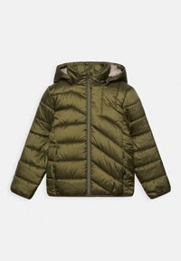 Zielona puchowa kurtka z kapturem, z zamkiem błyskawicznym z przodu, poziomym pikowaniem i gładką teksturą.