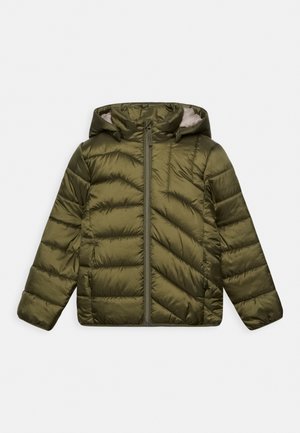 Olivgrüne Puffjacke mit Kapuze, ausgestattet mit einem Reißverschluss vorne, horizontalem Steppmuster und glatter Textur.