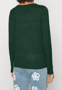 Grüner gestrickter Pullover mit langen Ärmeln, Rundhalsausschnitt und geripptem Saum. Trägt dazu eine hellblaue Jeans mit weißen Blumenmustern.