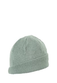 Knitted beanie in light green, with a textured pattern and turned-up hem. Seamless top and slightly slouchy shape for comfort.
