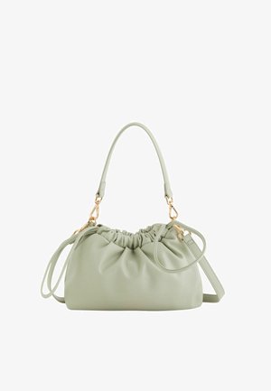 Jasnozielona miękka skórzana torebka z marszczonym górnym brzegiem, złotymi zapięciami, krótką rączką i regulowanym paskiem na ramię.