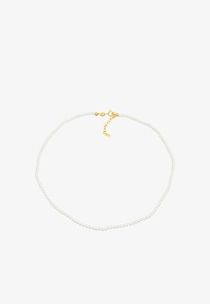 Collier en perles blanches avec un design délicat, fermoir en or et chaîne ajustable pour personnaliser la longueur. Perles lisses et rondes tout au long.